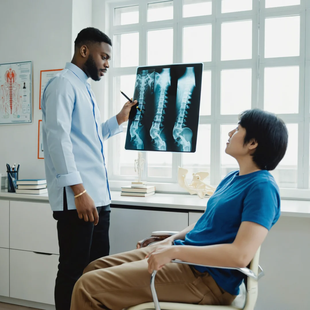 Chiropractor discussing x-rays and diagnosis with patient during consultation