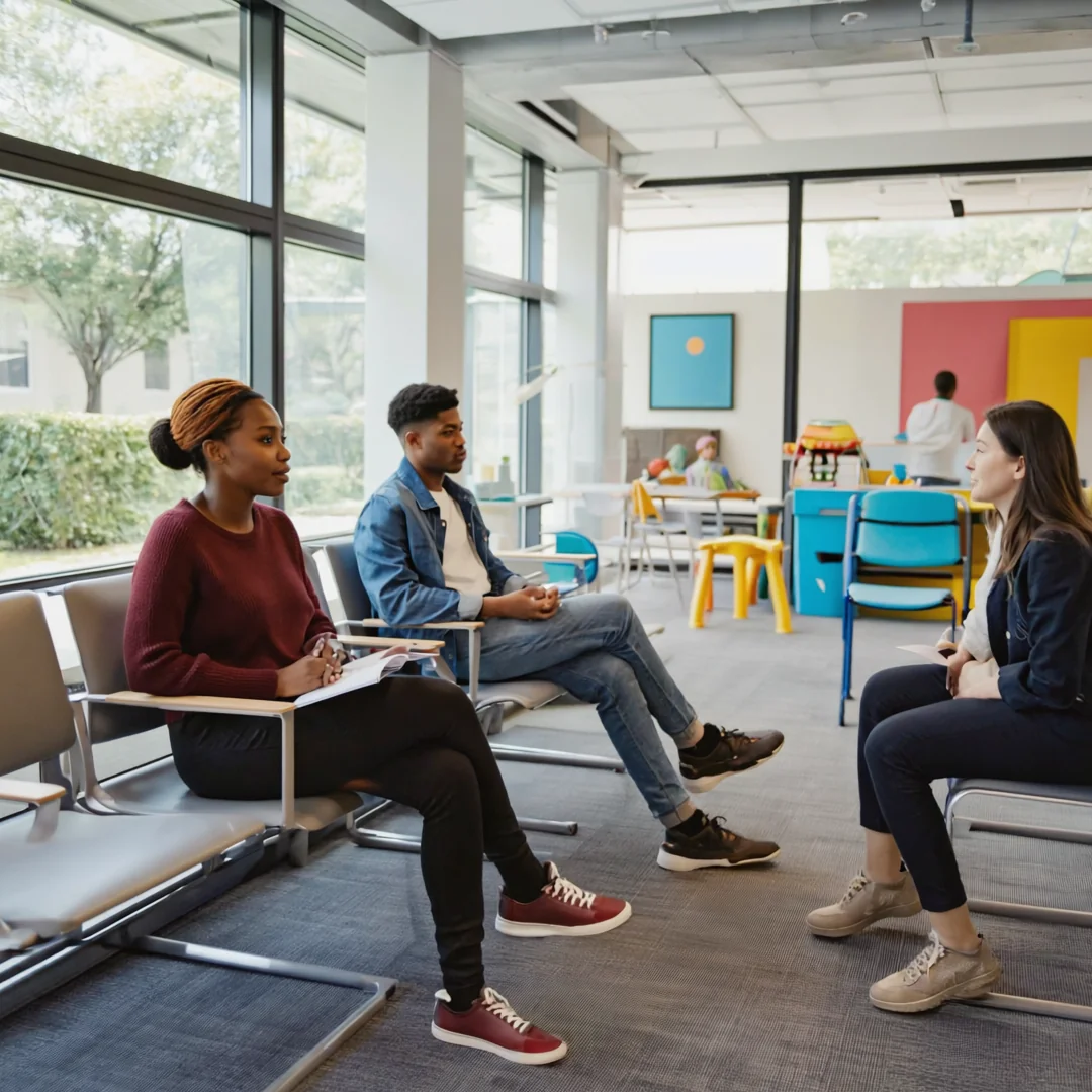 Diverse group of patients waiting in a welcoming chiropractic office reception area